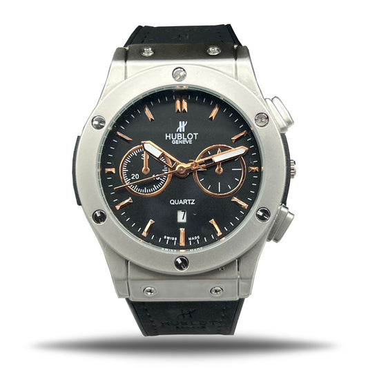 Hublot Classic Quartz Watch with Leather Strap (Silver/Black)