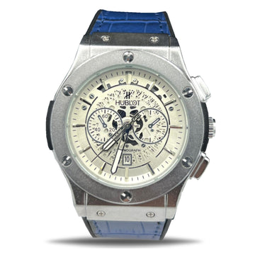 Hublot Classic Quartz Watch with Leather Strap (Silver/Blue)