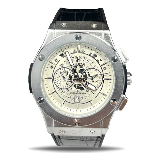 Hublot Classic Quartz Watch with Leather Strap (Sliver/Black )