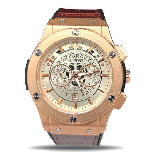 Hublot Classic Quartz Watch with Leather Strap (Golden/silver)