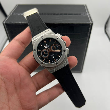 Hublot Classic Quartz Watch with Leather Strap (Silver/Black)